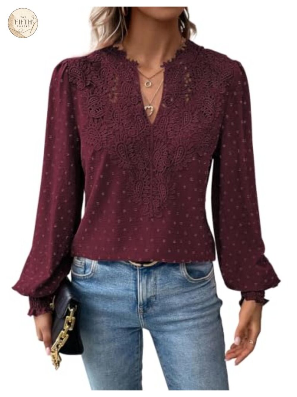 Falechay Women Long Sleeve Boho Lace Floral V Neck Ruffle Blouse